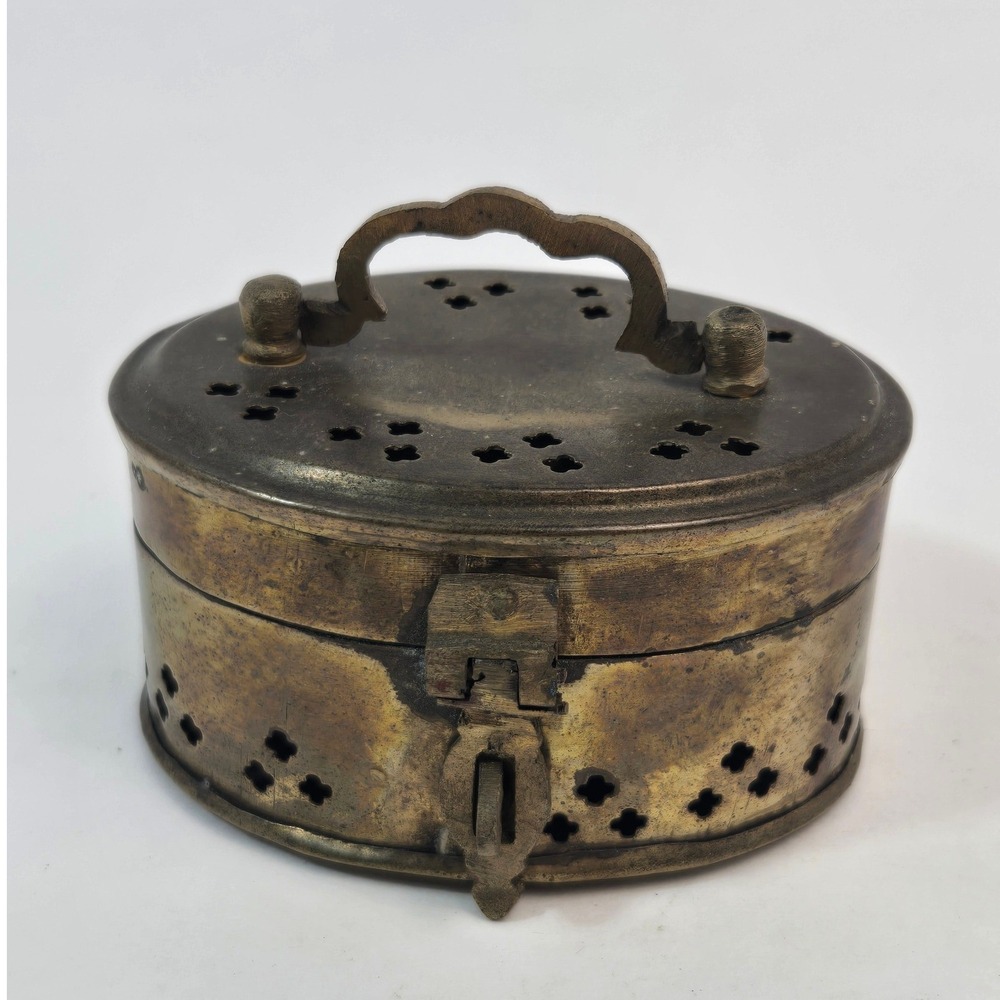 Vintage Brass Cricket Box Oval Perforated Trinket Potpourri Holder with Handle